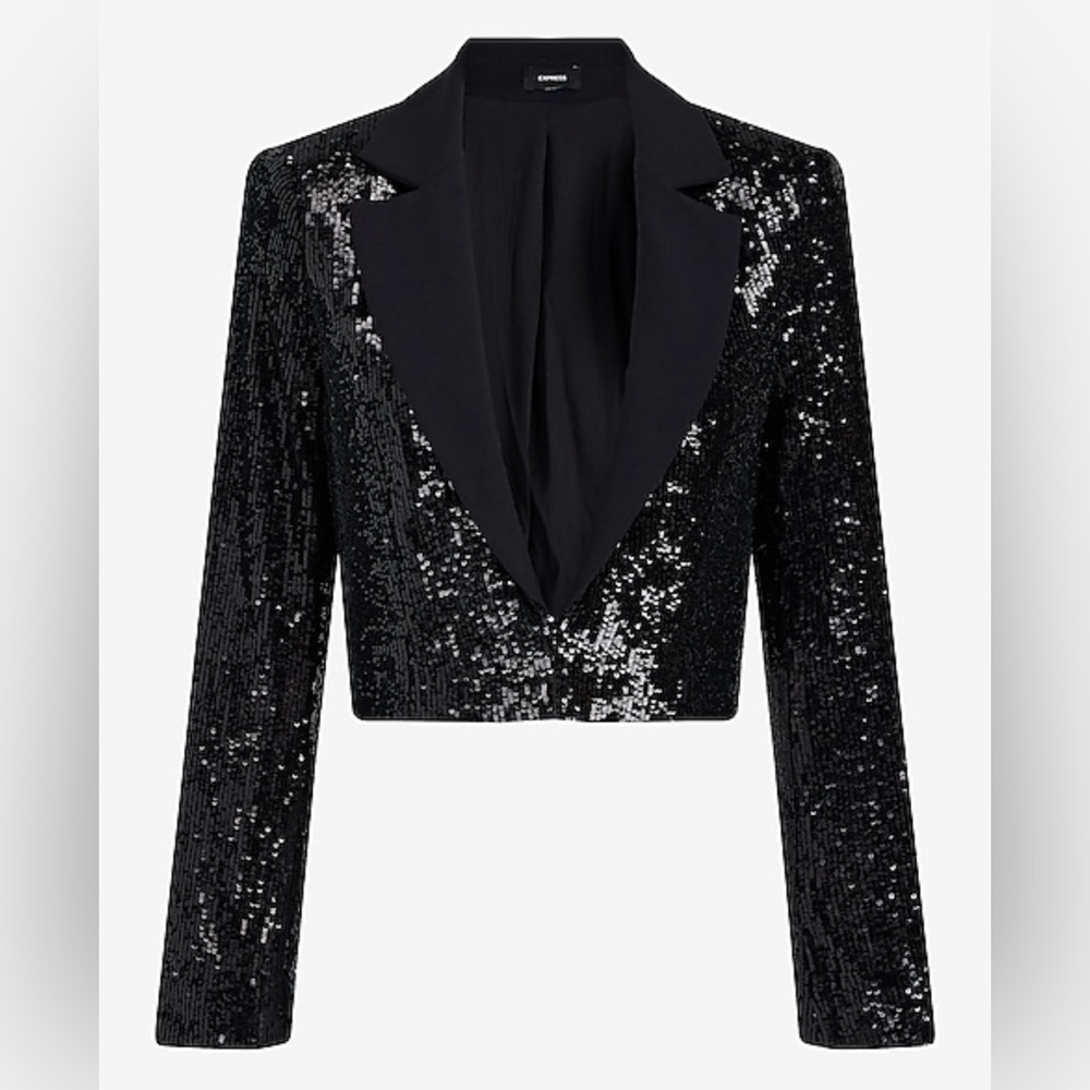 Express Sequin Solid Lapel Cropped Blazer